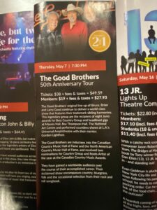 This is a photo of the brochure for the Good Brothers concert at the deCoste Cultural Centre.
